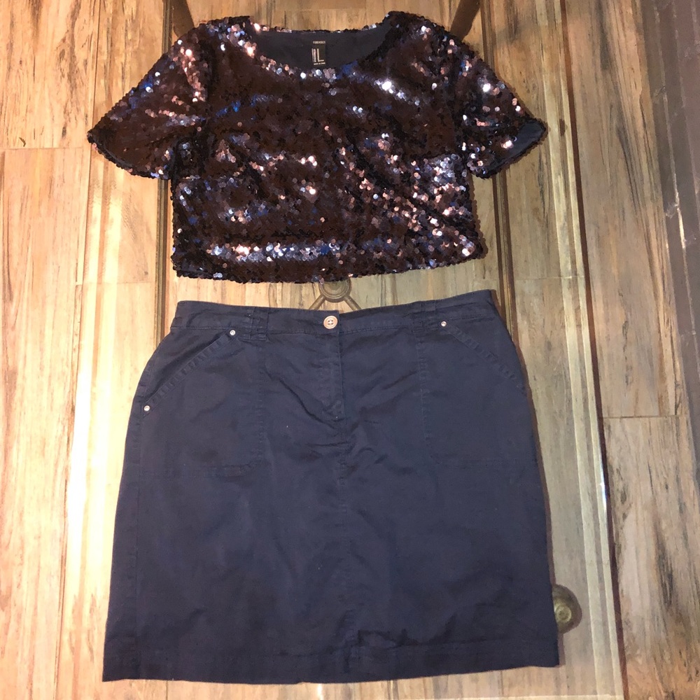 🌀Navy Blue Sequin Crop Top and Mini Skirt